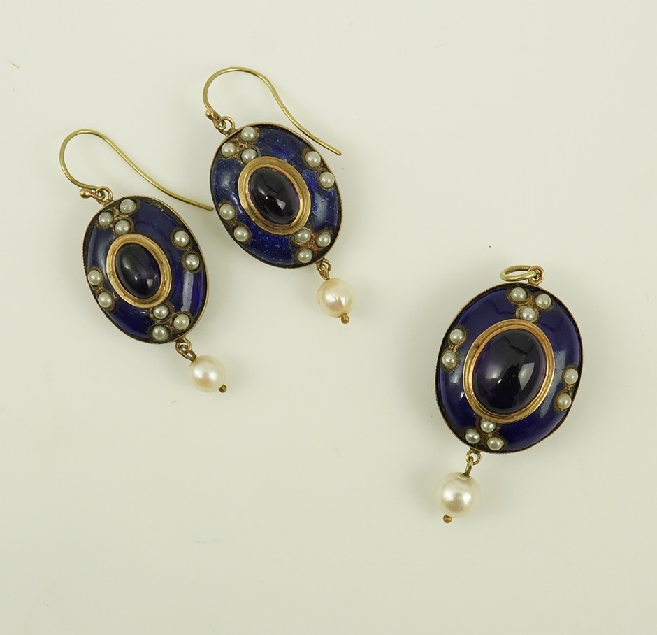 A Victorian gold, cabochon amethyst, enamel and seed pearl set lapis lazuli suite of jewellery